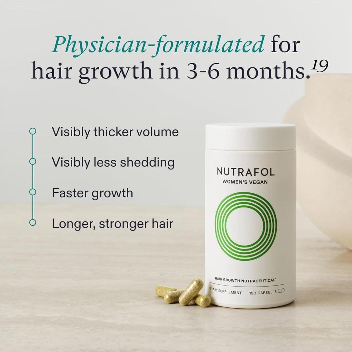 Nutrafol Women's Vegan Hair Growth Supplements, Plant-based, For Women 18-44 Years Old, Clinically Tested for Visibly Thicker, Stronger Hair, Dermatologist Recommended-