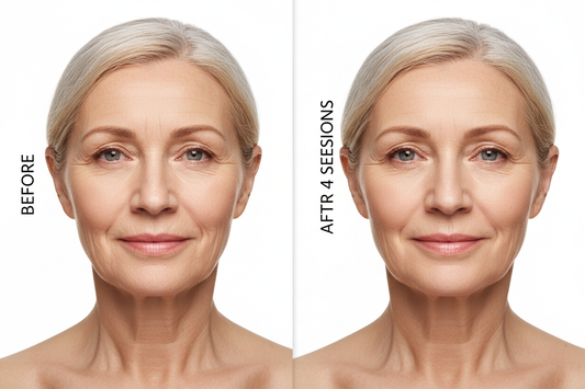 make a before and after of a woman in her sixties with diffuse fine lines and wrinkles around her mouth, eyes, and glabella. make the after show little to no evidence of those lines